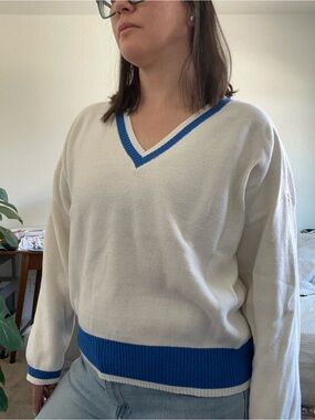 Cyrus White V-Neck Sweater with Blue Trim